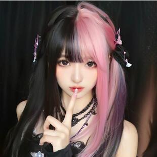 Wig women's double cos wig personality black powder double gradient long straight hair air bangs head cover wholesale