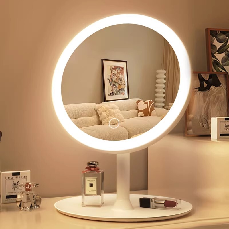 Smart Led Mirror with Light, Desktop High-Definition Small Round Mirror for Bedroom and Dormitory Dressing Table