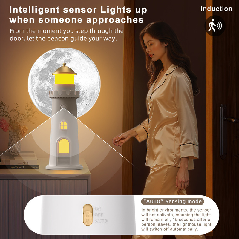 Cross-Border Moonlight Lighthouse Projection Lamp Bedroom Gradient Atmosphere Table Lamp Creative Birthday Gift Human Body Sensor Night Light Cross-Border Moonlight Lighthouse Projection Lamp Bedroom Gradient Atmosphere Table Lamp Creative Birthday Gift Human Body Sensor Night Light