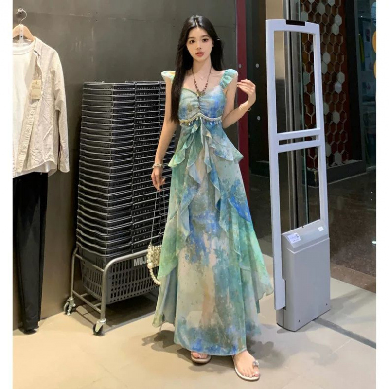 大码法式时尚印花雪纺吊带连衣裙女夏季胖设计感垂感显瘦长裙子|undefined