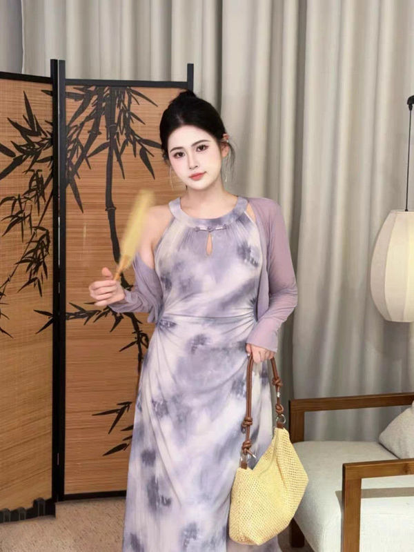 プラスサイズの新しい中国風のホルターネックチャイナドレススーツ女性のための夏のファットmmスリムカーディガン竹柄ロングスカート2点セット|undefined