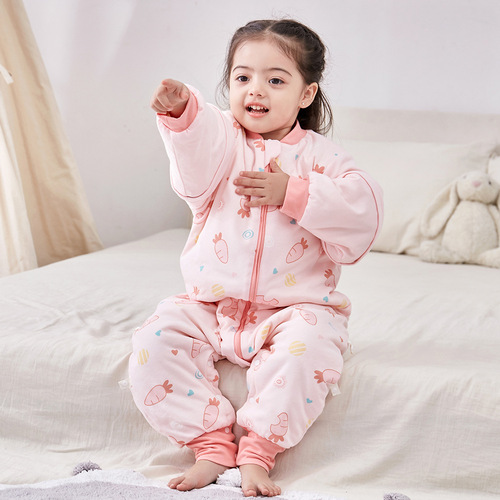 Baby sleeping bag, autumn and winter quilted sleeping bag, thickened cotton soybean baby split leg sleeping bag, warm pajamas, children's anti-kick quilt