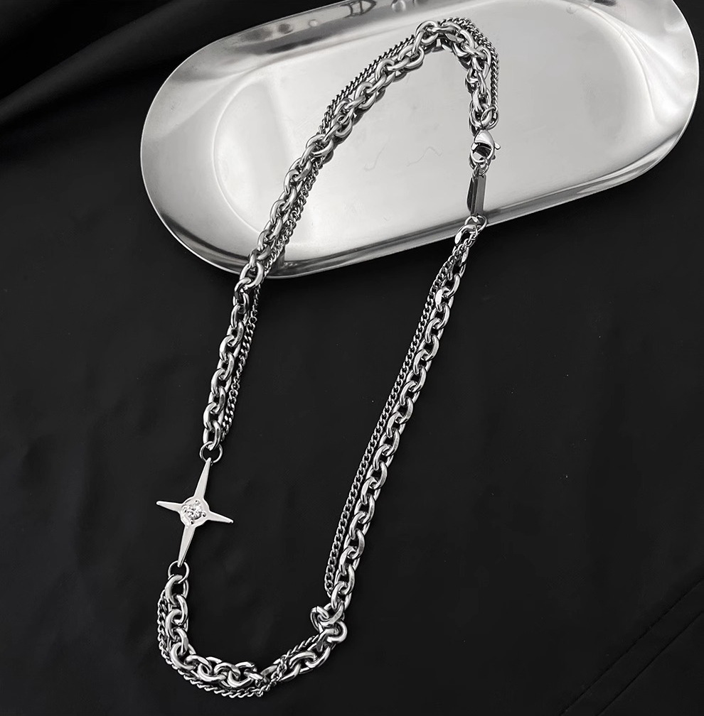 25g Weight Alloy Pendant Material Double Layer Necklaces, Necklace Classification Men's Hip-Hop Retro Punk Cuban Link Chain Curb Chain Cable Chain Double Layer Necklaces Necklace Geometric Cross Splicing Alloy Men's Chain Necklaces