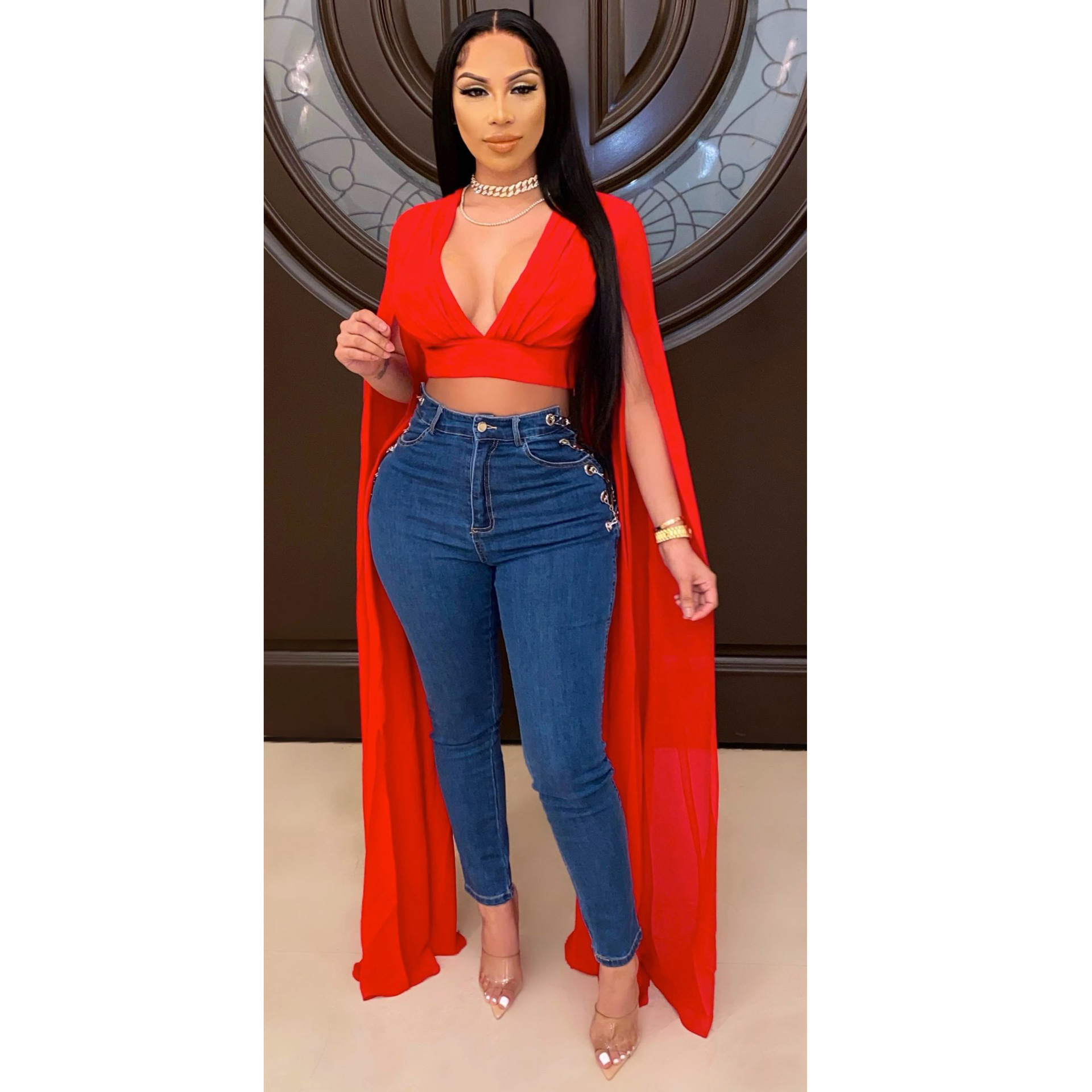 solid color deep V long sleeve corset NSME35806