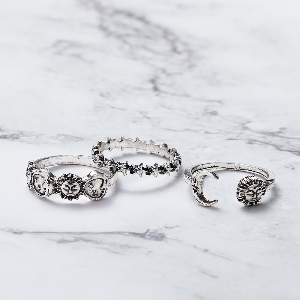 Retro Stars and Moon 3-Piece Set Old Rings Wholesale Jewelry