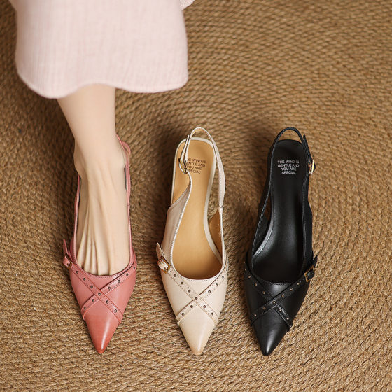 Super Stylish and Elegant Pointed-Toe Shoes 2025 Summer New Model with Studded Cross Straps, Closed Toe, Chunky Mid-Heel, Genuine Leather, Open-Back Sandals