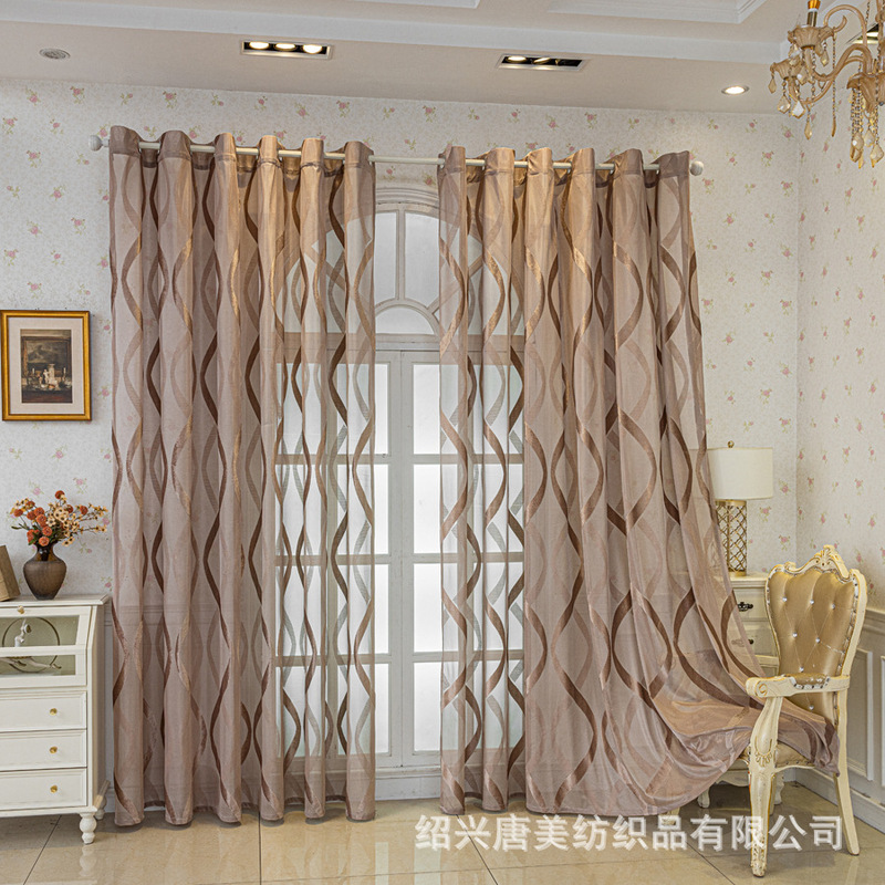 Embossed jacquard brown ribbon transparent curtain living room bedroom dining room cross-border Amazon window screen factory wholesale