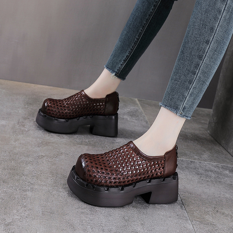 Giày sneaker nữ đế dày da bò lỗ thoáng khí phong cách retro — màu be