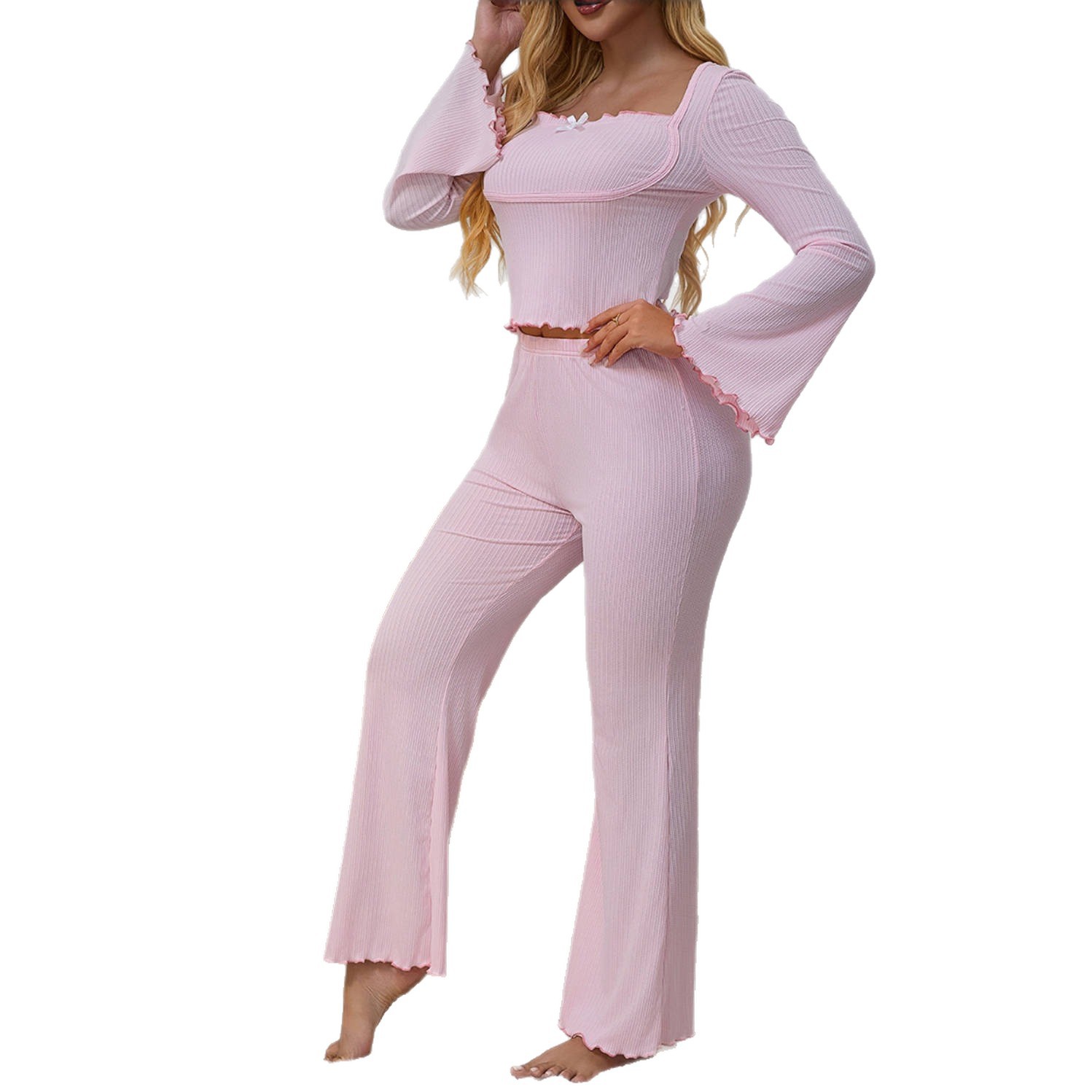 Europeos y estadounidenses trajes de mujer transfronterizos de moda sexy simple cuerno mangas rizadas arco mangas largas pantalones largos pijamas ropa doméstica image 5