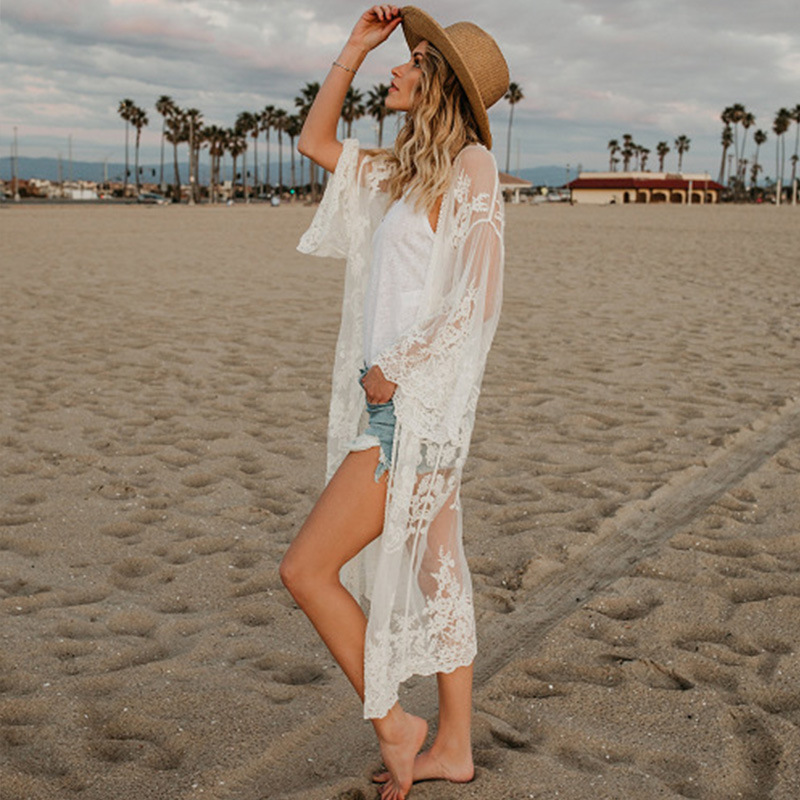 Blusa larga 2022 ropa de mujer europea y americana bordado de primavera y verano color sólido bordado bikini suelto playa cabello ropa de protección solar