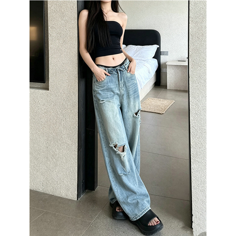 American Retro Ripped Wide-Leg Jeans for Women, 2025 Summer Thin Design, High-Waisted, Slimming, Straight-Leg, Floor-Length Pants American Retro Ripped Wide-Leg Jeans for Women, 2025 Summer Thin Design, High-Waisted, Slimming, Straight-Leg, Floor-Length Pants