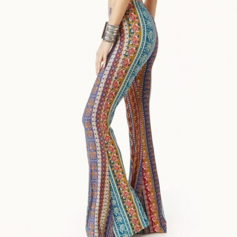 2024 Spring/Summer European and American Trendy Tight-Fitting Hip-Hugging Retro Printed Trendy Flared Pants with High Waist