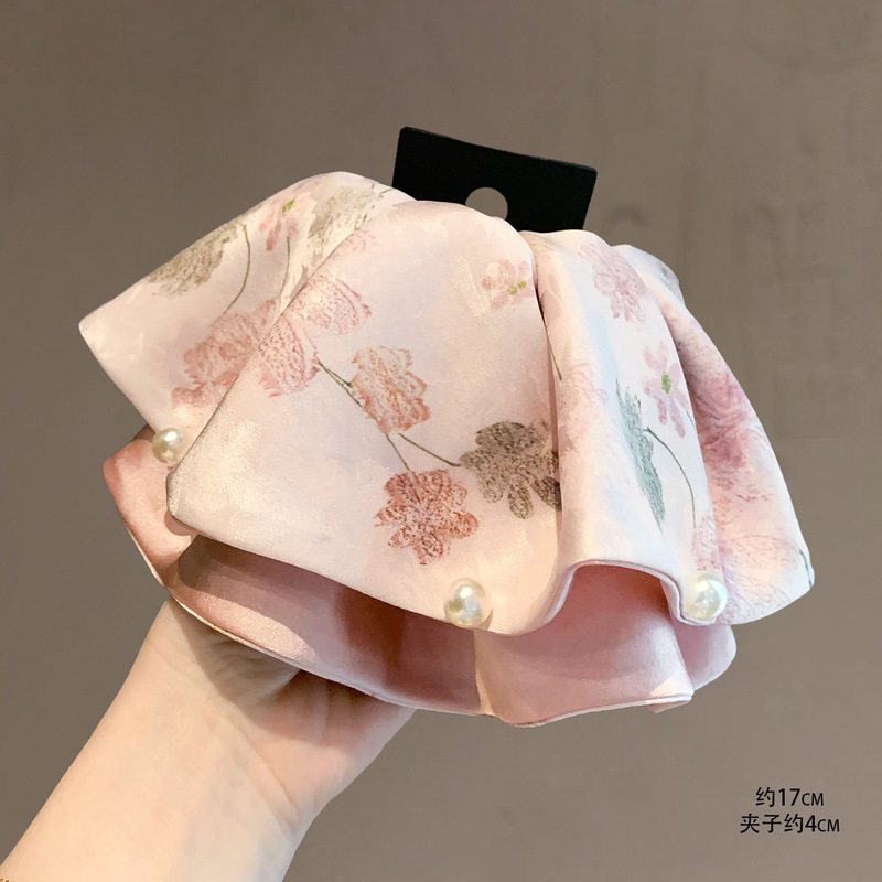 新中式淡粉印花珍珠马尾夹子女气质后脑勺抓夹发卡半扎发发饰头饰|undefined