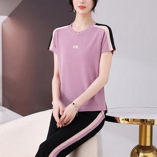Middle-Aged Women's Sports Suit 2025 Summer Casual Short-Sleeve T-Shirt and Pants Two-Piece Set, Large Size, Comfortable