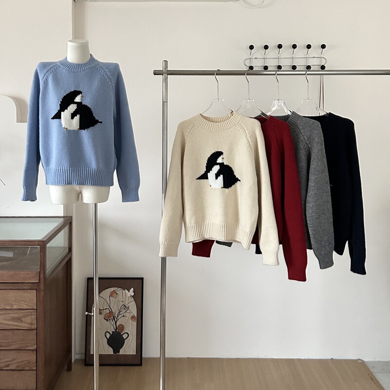 Letma Penguin Park' Scandinavian Lazy Sheep Wool Soft Raglan Sleeves Warm Knitted Sweater for Women in Autumn and Winter