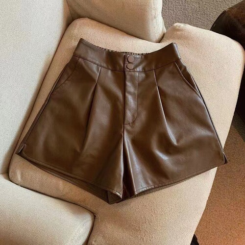 Girls PU Leather Pants Spring and Autumn New Solid Color Casual Short Korean Style Elastic Waist Two Buttons Medium and Big Children Fashion Leather Pants