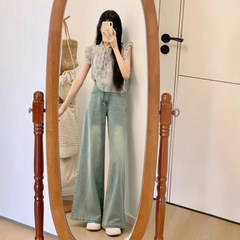 浅蓝色宽松阔腿牛仔裤女百搭夏2025年新款小个子大喇叭直筒长裤女