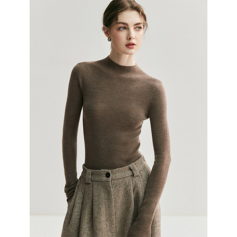 Melard Brown Half-Turtleneck Slim Fit Knit Base Shirt for Women, Autumn and Winter Warm Inner Layer Sweater, Slim Fit Mid-Neck Top Melard Brown Half-Turtleneck Slim Fit Knit Base Shirt for Women, Autumn and Winter Warm Inner Layer Sweater, Slim Fit Mid-Neck Top