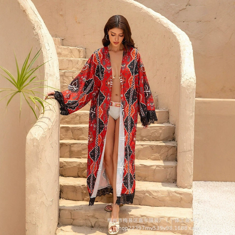 Кружевное кимоно в экзотическом стиле с узором пейсли, кардиган, богемная пляжная атласная драпированная ткань, повседневная блузка