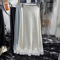 法式蕾丝花边拼接醋酸冰天丝缎面鱼尾半身裙女春夏垂感包臀a字裙