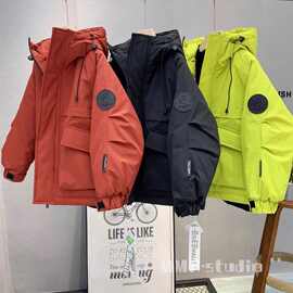 男童夹棉外套秋冬款2025新款儿童冬装宽松大童男孩加厚风衣痞帅风