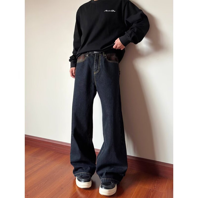 Vintage Dark Plaid Patchwork Jeans Loose High-End Casual Straight Long Pants for Men