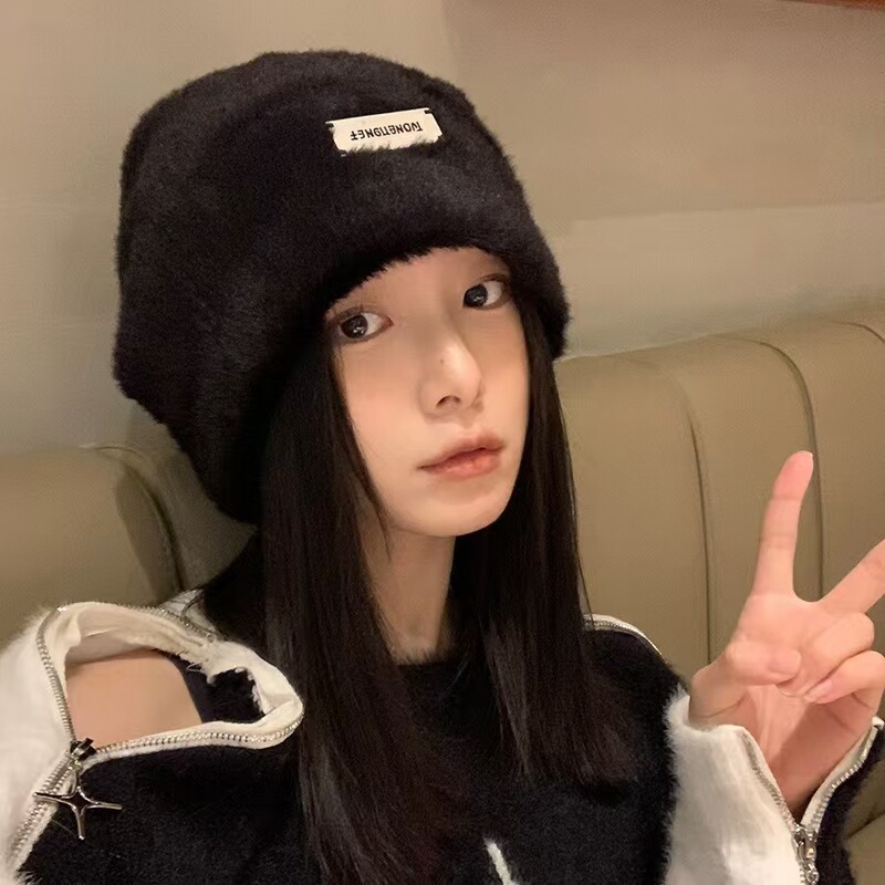 兔毛堆堆帽子女韩版保暖百搭防寒毛绒渔夫帽适合大脸显脸小水桶帽|undefined