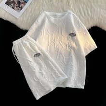 夏季华夫格短袖t恤男士韩版宽松夏装潮牌5五分运动休闲裤一体套装