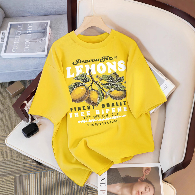 Lemon Fruit Premium Fresh Print Loose Cotton Sportswear O-Neck Casual T-Shirt Loose All-Matching Short Sleeve