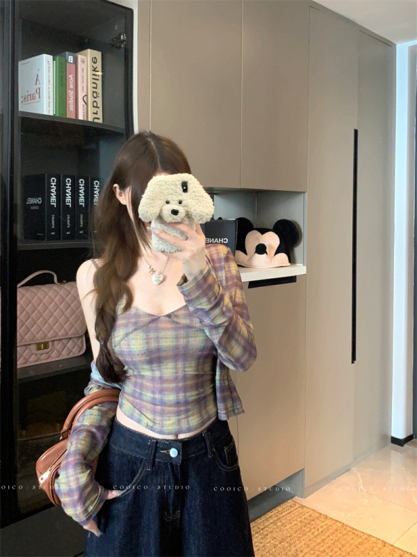 复古格纹长袖开衫外套女秋季休闲套装辣妹短款吊带背心上衣两件套|undefined
