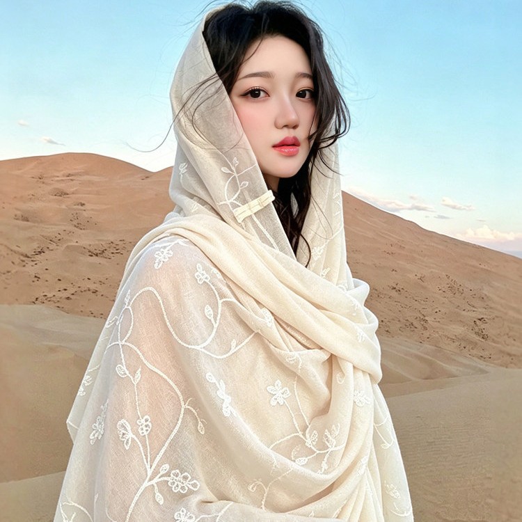 Ethnic-style shawl for women, 2026 new model, suitable for Northwest China travel, sun protection silk scarf, thin desert headscarf, suitable for air-conditioned rooms