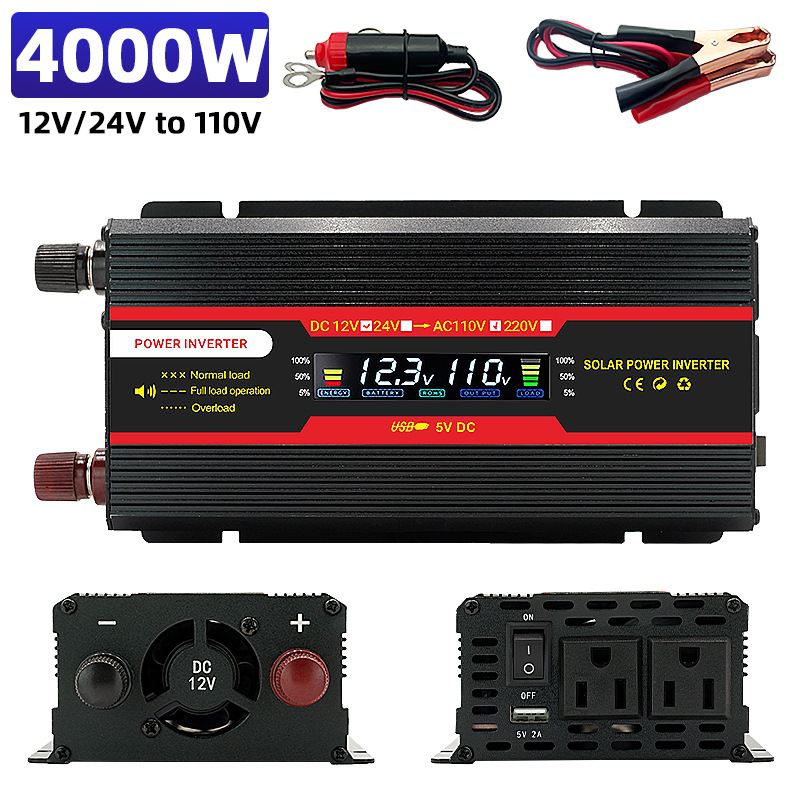 Inversor de Corriente para Automóvil con Pantalla LCD Digital Transfronteriza, Estándar Estadounidense, Amazon, Doble Voltaje de 12-24v a 110v, Alta Potencia de 6000W