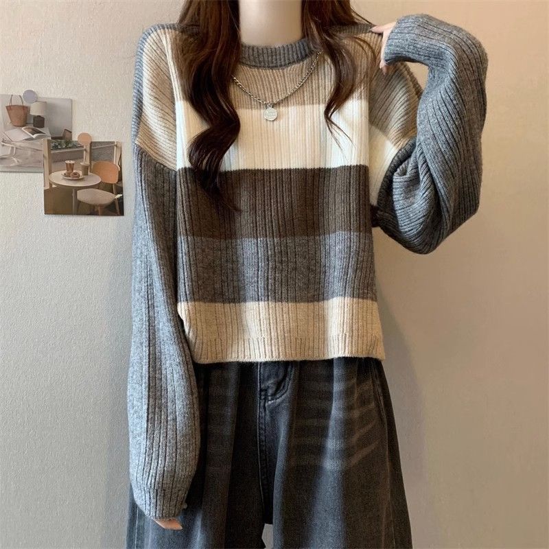 【 Cashmere Family】 Maglione corto a girocollo in lana da donna, a righe, morbido e spesso, con strato interno in maglia_voghion.com