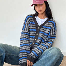 独立站复古欧美毛衣外套女秋冬宽松慵懒风外穿V领针织开衫上衣