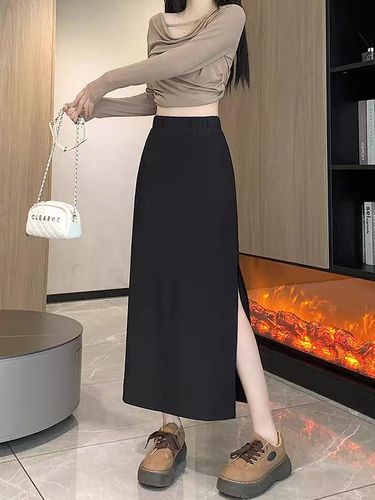 Black suit with side slit long dress, high-waisted, flattering, A-line mini dress, 2024 spring and autumn new arrival medium-length one-piece skirt