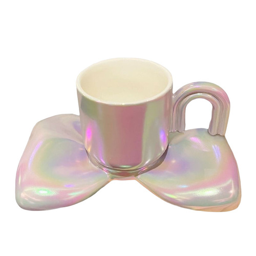 好看的珍珠釉陶瓷水杯女生高颜值蝴蝶结马克杯带勺办公室咖啡杯碟