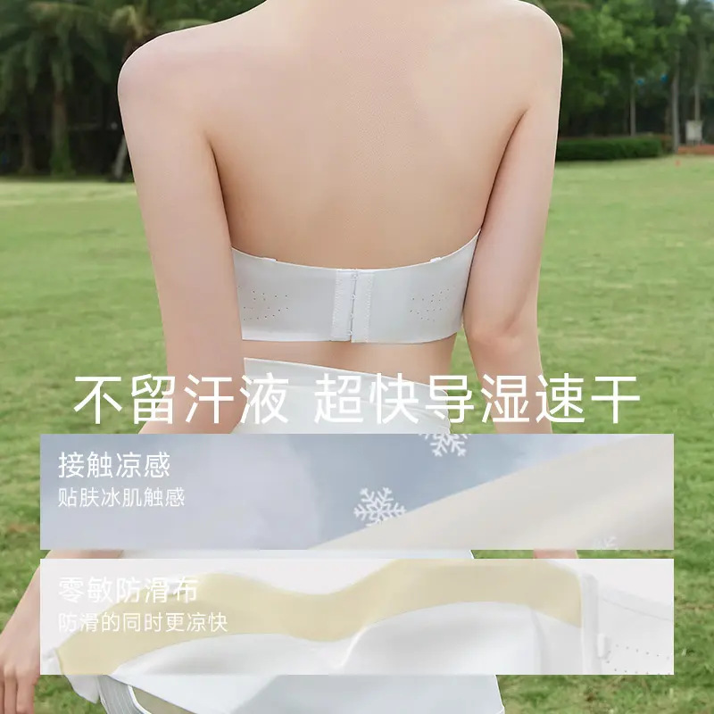 Yiyouと同じスタイルの女性用ストラップレス薄型滑り止め下着、小さな胸のプッシュアップ、露出防止、オフショルダー、シームレスな調節可能なチューブトップ|undefined