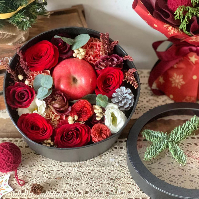 单个圆形开窗透明花盒玫瑰花束插花盒圣诞节礼盒情人节礼品包装盒