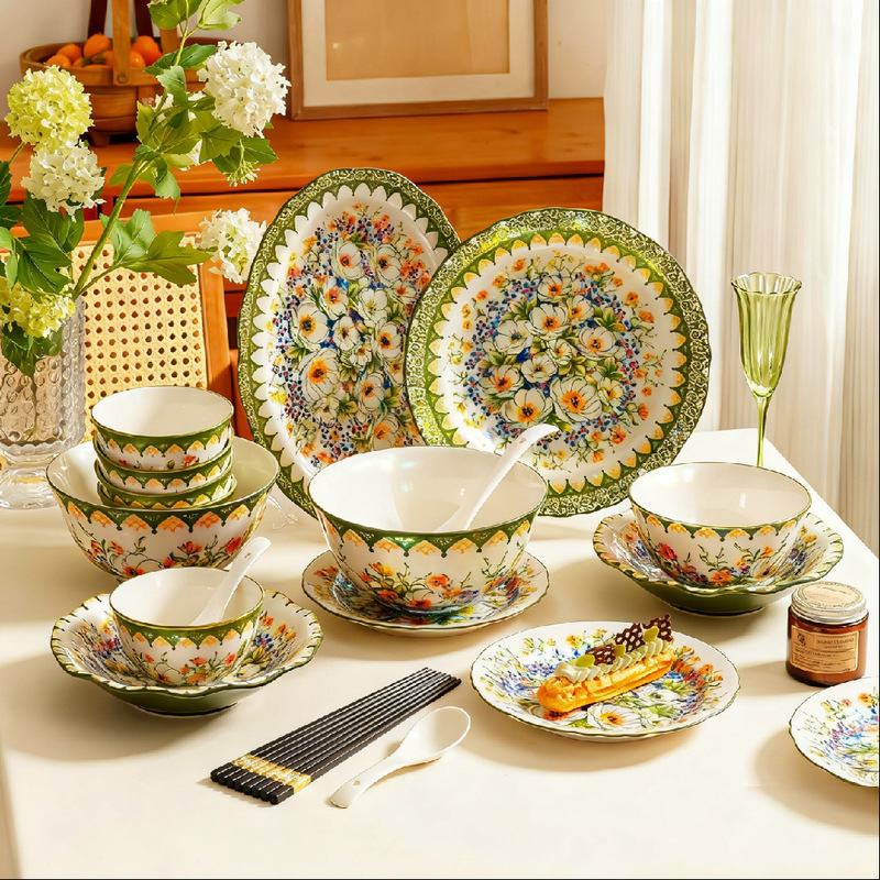 Underglaze Polish Jasmine Series Scandinavian Style Bowl and Plate Set Home Tableware Gift Box Combination Creative and Practical Ceramics