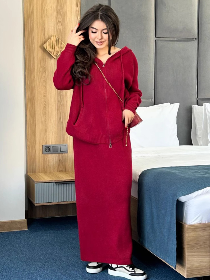 demi-season fashionable knitted dress with hood