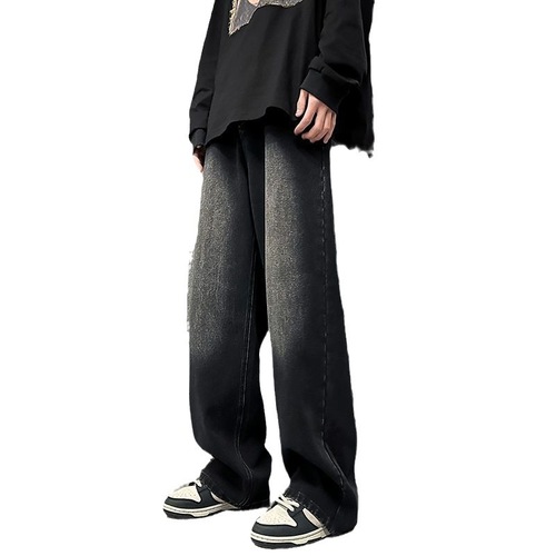 Vintage Blue Men's Loose Distressed Oversize Pants American Casual Flowy Wide Leg Floor-Length Pants Trendy