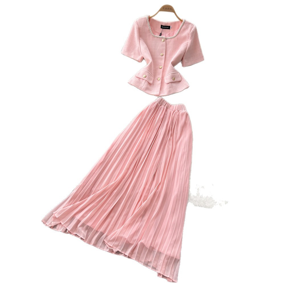 Inspired Women's Pink Two Piece Set Summer Short Sleeve High Waisted Pleated Skirt Sophisticated And Elegant_ecoleips.com