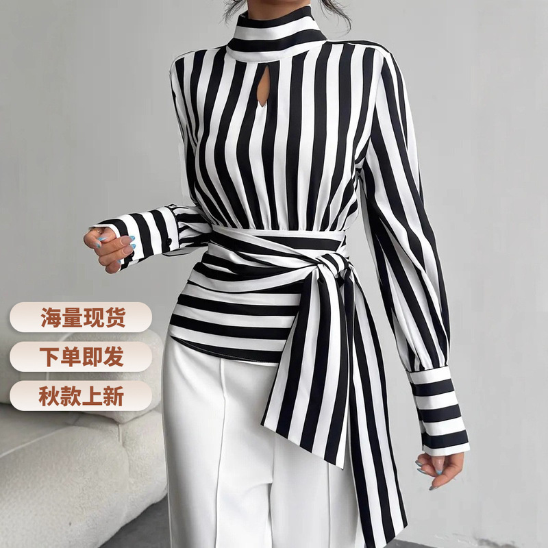 Women's Solid Color Striped Long Sleeve Shirt Spring and Autumn Casual Simple Versatile Top Cross-Border Women's Clothing Wholesale