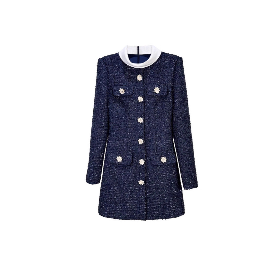 A Sophisticated, Elegant Midi Dress In A Chanel-pired Style, Featuring A Color-blocked Stand-up Collar And Navy Blue Tweed Sequ.