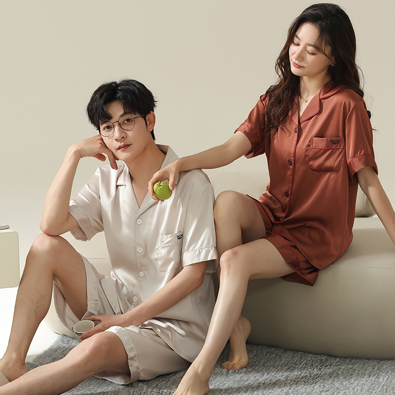Couple Pajamas Women's Summer Ice Silk Short-sleeved Thin Cool Ice Silk Men's and Women's Casual Air-conditioned Home Suit
