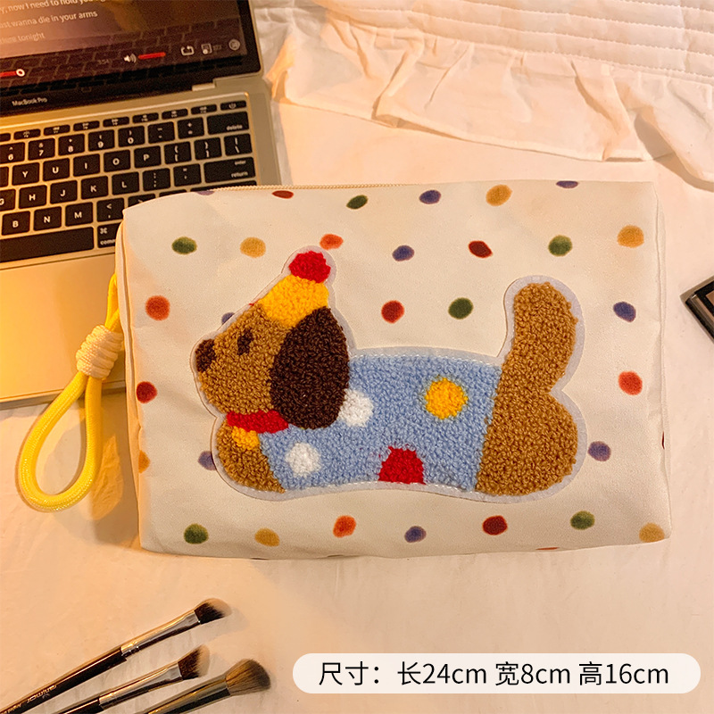 Bolso de maquillaje de mano de perro salchicha de lunares Bolso de embrague portátil para niñas Bolso de almacenamiento de viaje de negocios de gran capacidad Bolso de lavado