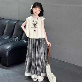 女大童装夏季套装新款女大童休闲无袖t恤中大童蕾丝宽松格子裤裙