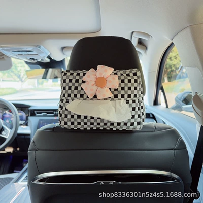 tissue box, hanging tissue holder: Car tissue box/set - pink-floral-pattern-black-and-white-bubble-grid-tissue-box-seat-version