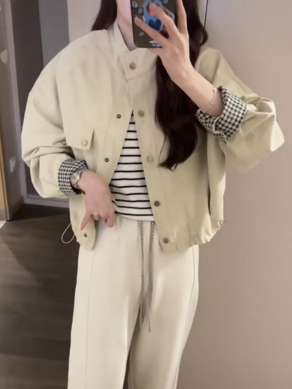 韩系格子拼接立领外套女2025秋季新款短款高级感宽松百搭夹克上衣|undefined