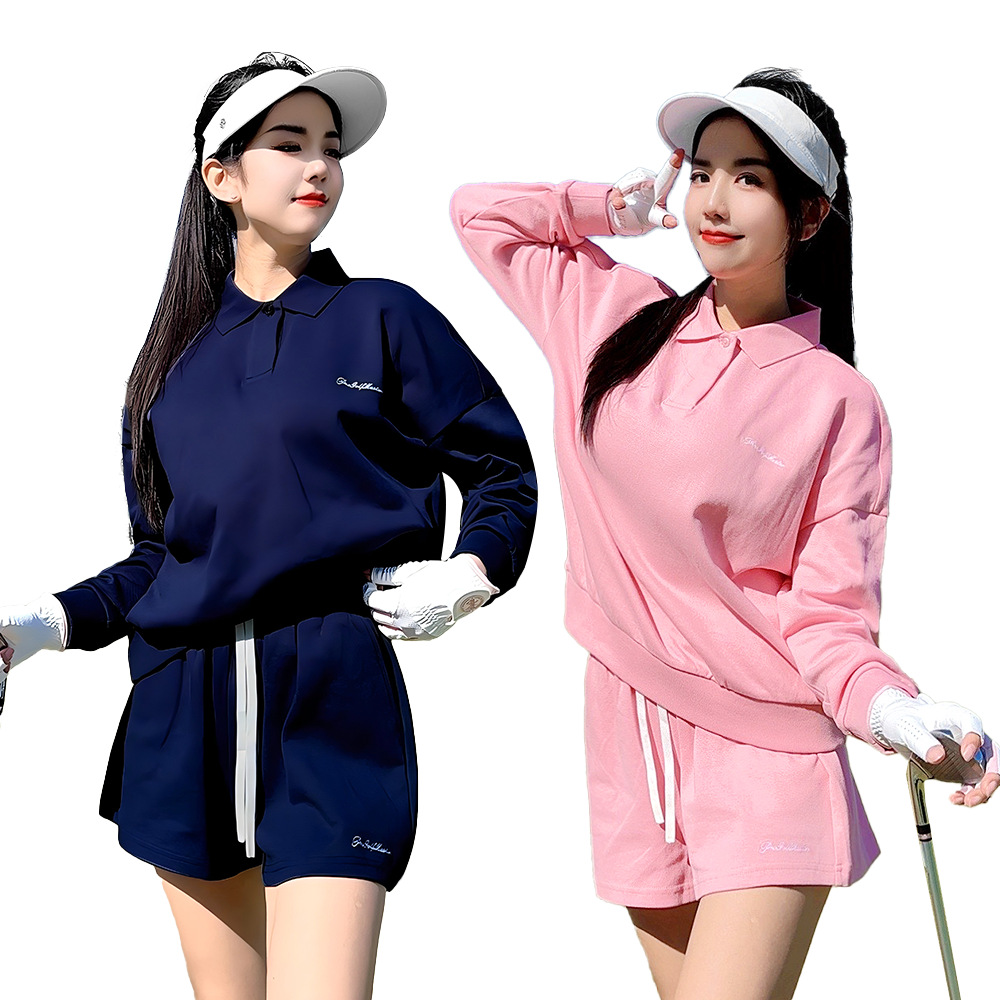 Bộ thể thao golf nữ áo polo dài tay phối quần short thêu hoa — KUZ199 [vải cotton không khí thoải mái/lỏng lẻo] quần short màu xanh nước ngoài, YF748 [Chất liệu vải cotton không khí thoải mái/co giãn] Áo màu xanh nước ngoài, KUZ199 [vải cotton không khí thoải mái/lỏng lẻo] quần short màu hồng nhạt, YF748 [Vải cotton không khí thoải mái/co giãn] màu hồng nhạt